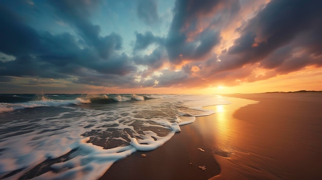Фото спокойного захода солнца на пляже с облаками, образующими драматическое небо