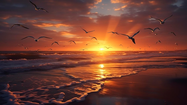 Фото спокойного захода солнца на пляже с стаей чайков, отдыхающих на берегу