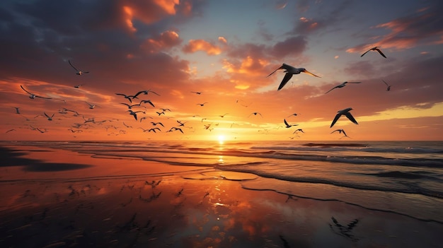 A Photo of a serene beach sunset with a flock of seagulls resting on the shoreline