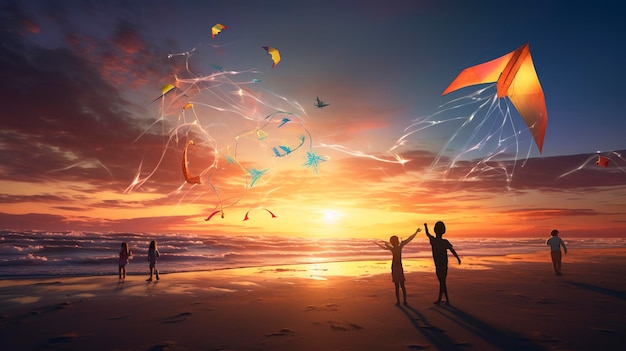 Фото спокойного захода солнца на пляже с группой детей, летающих красочными воздушными змеями на живом воздухе