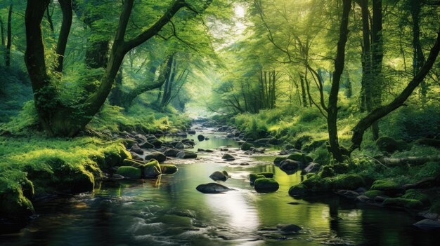 Photo a photo of a serene brook winding through a lush forest dappled sunlight