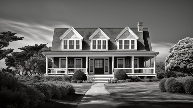 Photo a photo of a serene cape cod home in black and white