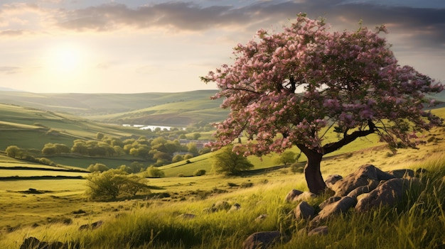 A photo of a serene countryside landscape with a plum tree in the foreground