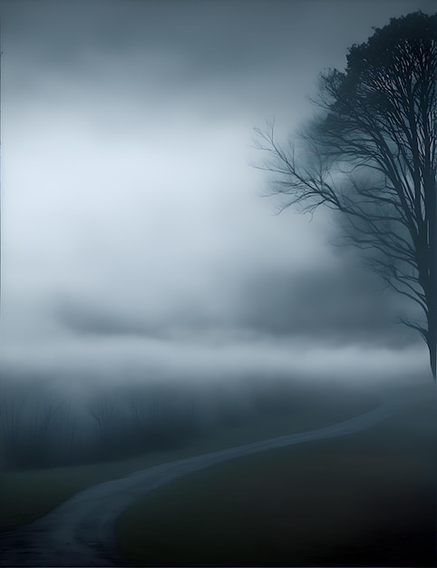 Photo of a serene foggy landscape with trees and a winding road