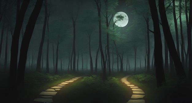 Photo of a serene forest path illuminated by the full moon