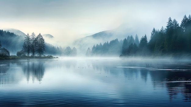 A photo of a serene lake mist rising