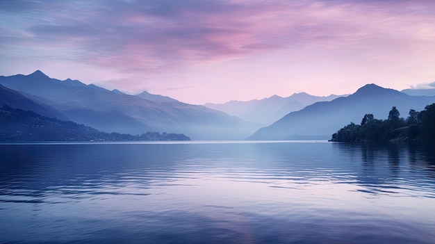 穏やかな湖の山を背景にした写真