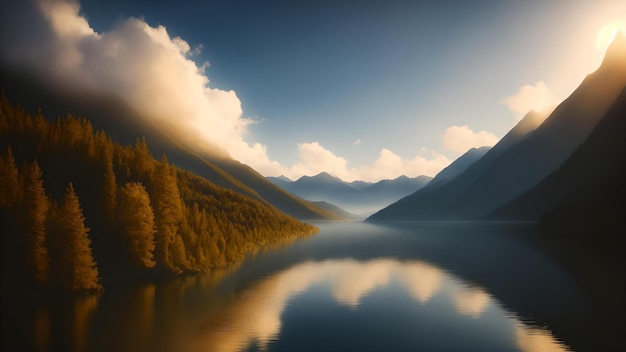 Photo of a serene lake nestled among majestic mountains under a dramatic cloudy sky