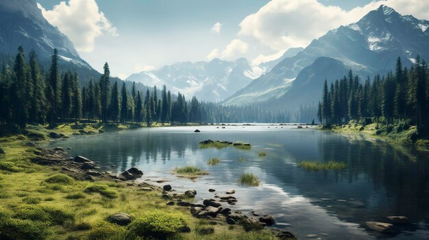 A Photo of a Serene Lake or River with Reflections of Nature