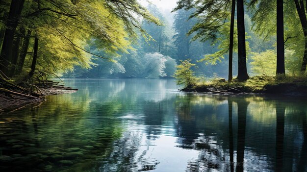 自然を映した穏やかな湖または川の写真