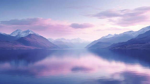 A photo of a serene lake surrounded by mountains soft evening light