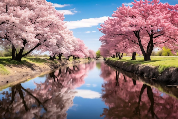 Фото озера Серин с цветущими деревьями, отражающимися в