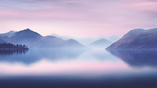 Photo a photo of a serene lake with a distant mountain backdrop soft sunset glow