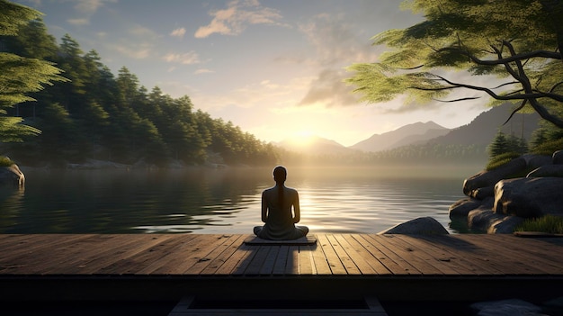 A photo of a serene lakeside meditation session