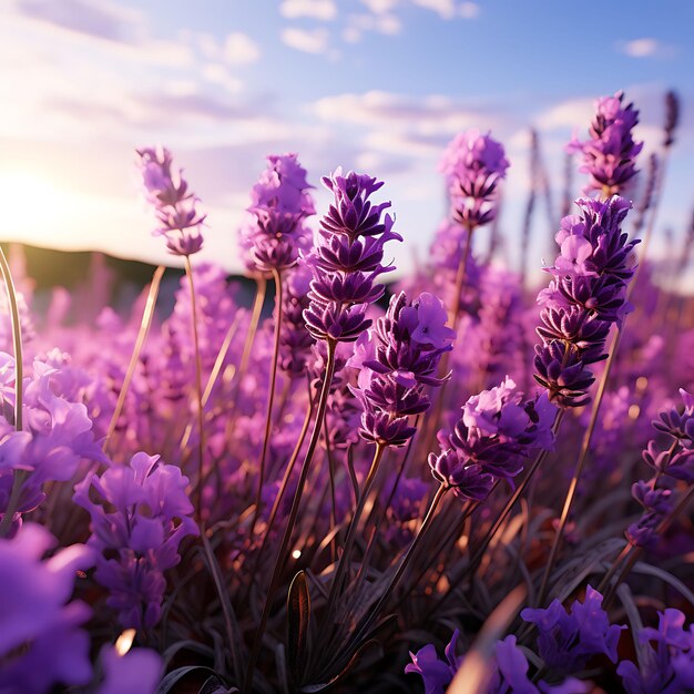 Photo of serene lavender field with rows of blooming purple flowers c peaceful landscapes calm