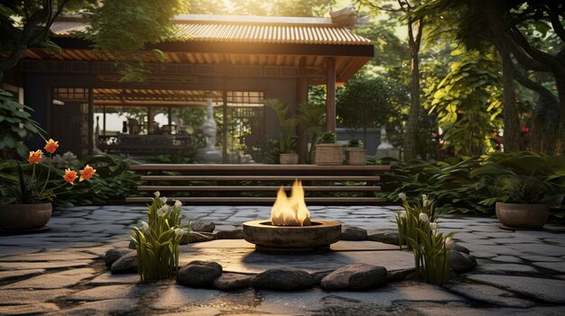 A photo of a serene meditation garden outside a yoga place