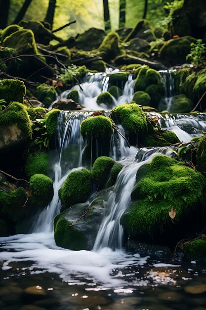 Photo of Serene Mossy Waterfall Surrounded by Lush Greenery and Rocks Peaceful Landscapes Calm