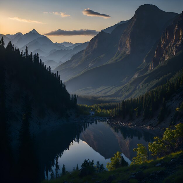 Photo of a serene mountain range with a crystal clear lake in the foreground AI