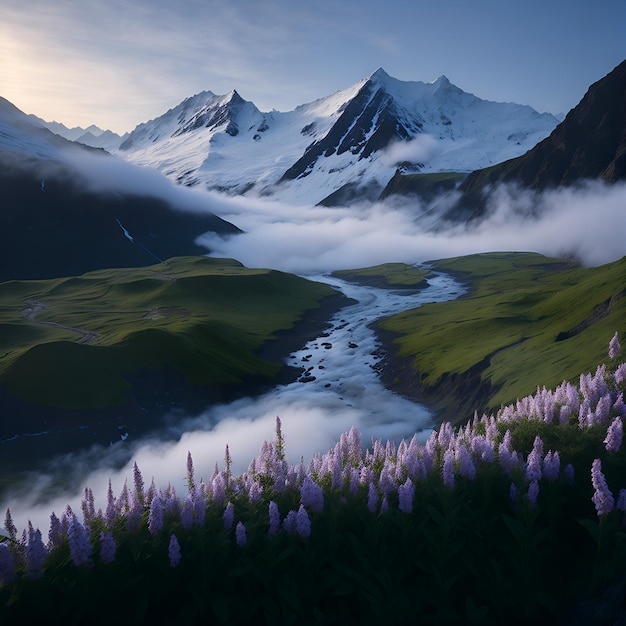 Photo of a serene mountain range with a crystalclear river flowing through it Ai Generated