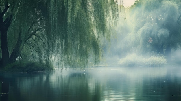 Photo a photo of a serene pond weeping willows