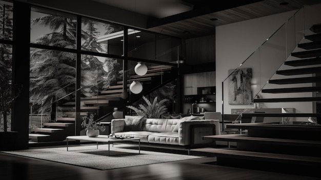 A photo of a Serene Splitlevel Home in Black and white