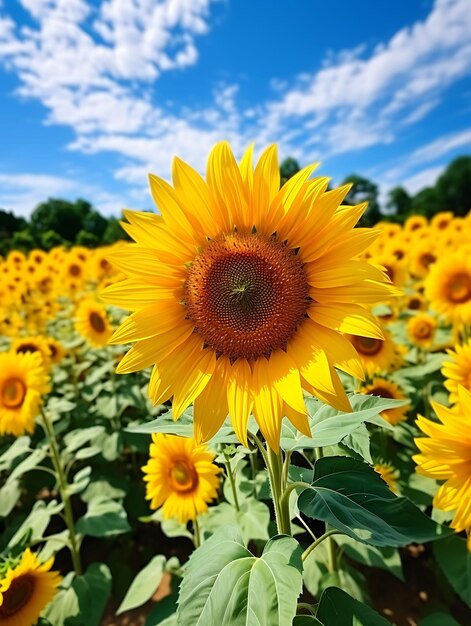 Photo of serene sunflower field with rows of bright yellow blooms rad peaceful landscapes calm