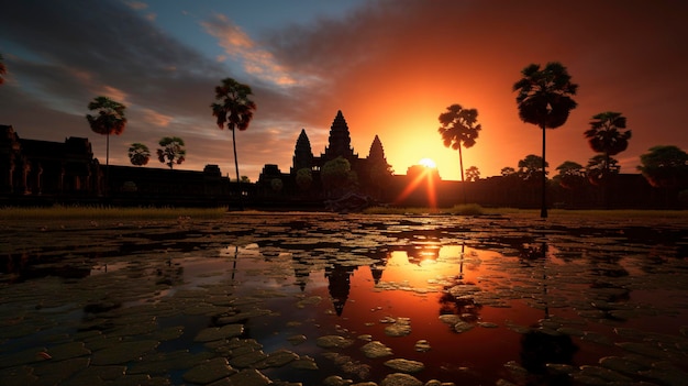 A photo of a serene sunrise at Angkor Wat in Cambodia