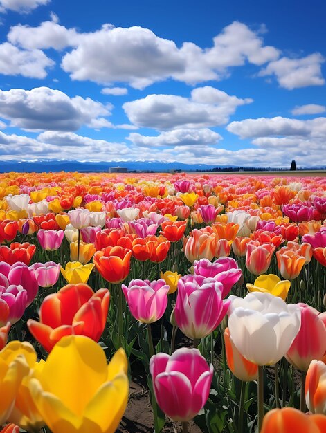 Photo of serene tulip field with rows of vibrant blooms stretching in peaceful landscapes calm