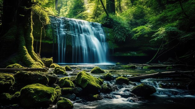 Foto una foto di una cascata serena in una foresta lussureggiante la luce del sole che filtra attraverso gli alberi