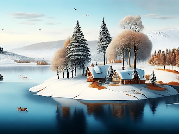 Фото безмятежной зимней страны чудес с уютным домиком у озера сгенерировано ai