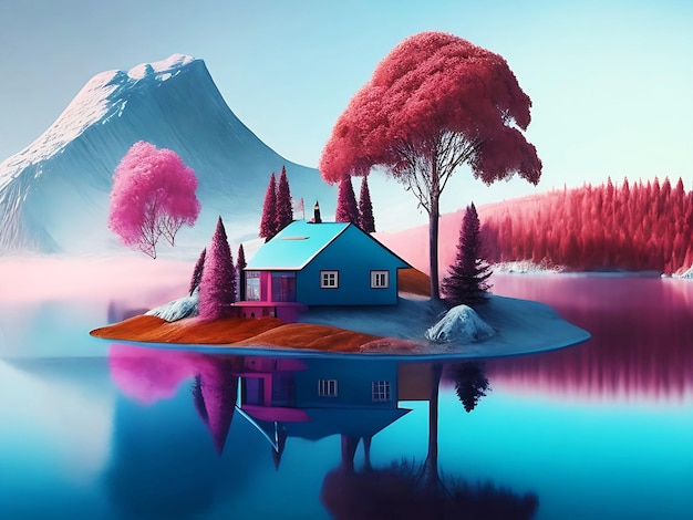 Photo of a serene winter wonderland with a cozy cottage by the lake ai generated