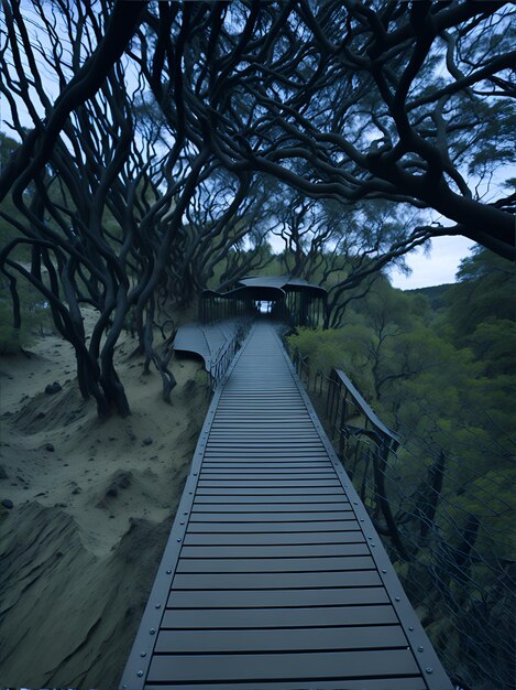 Foto foto di una tranquilla passerella in legno che si snoda attraverso una lussureggiante foresta di alberi imponenti