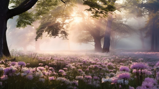 Photo a photo of a serene woodland meadow bathed in soft morning light