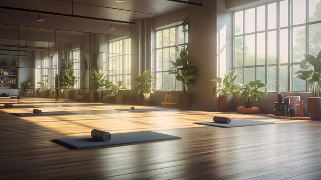 A photo of a serene yoga studio interior with soft lighting