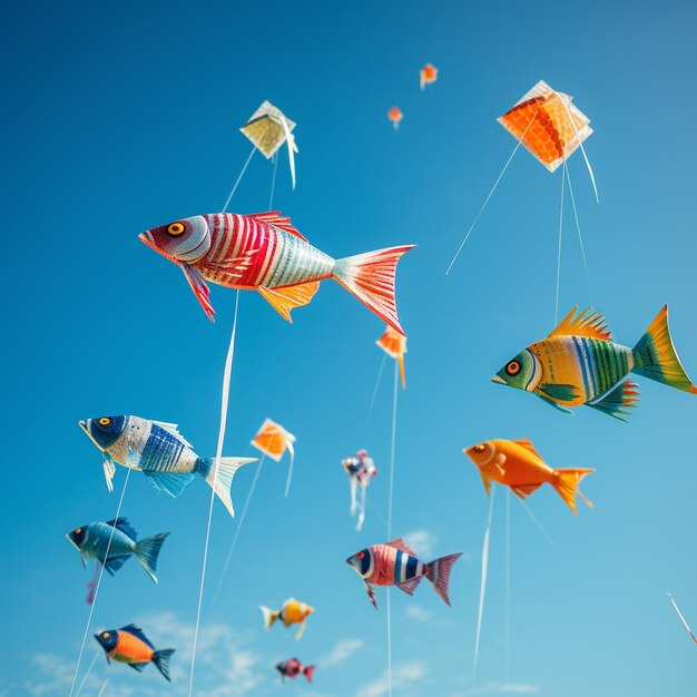 Photo photo series of colorful kites flying in the blue sky
