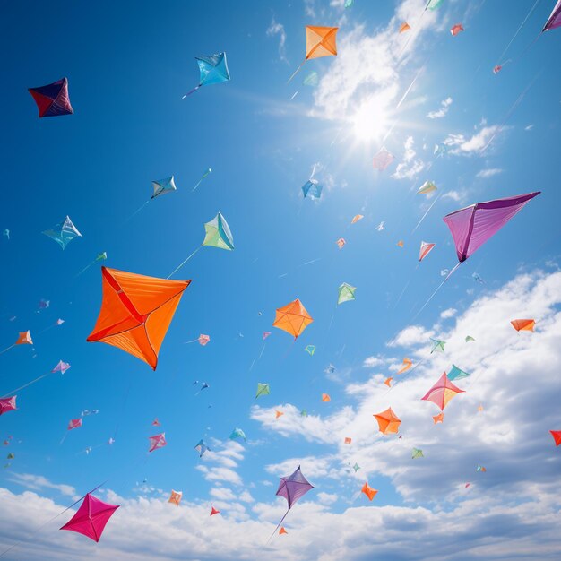 Foto serie di foto di aquiloni colorati che volano nel cielo blu