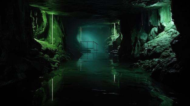 恐ろしい光を発する生物発光藻類を備えた一連の地下室の写真