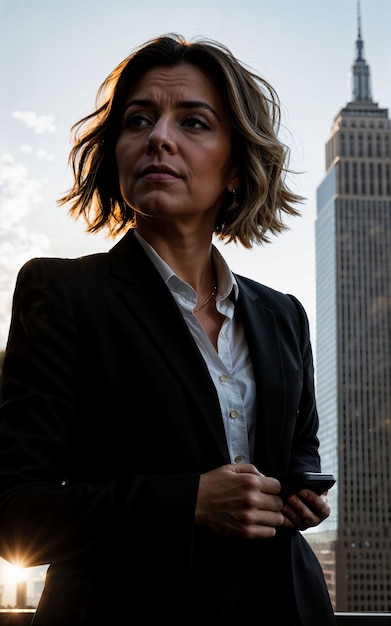 심각한 사무실에서 일하는 여성의 사진은 높은 건물을 배경으로 생성 AI