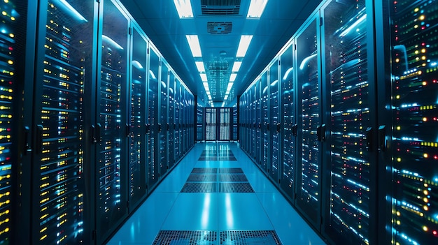 Photo of server rack with glowing lights Technology background