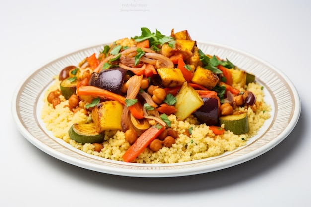 Photo photo of a serving of moroccan couscous with vegetables on a pure white desk