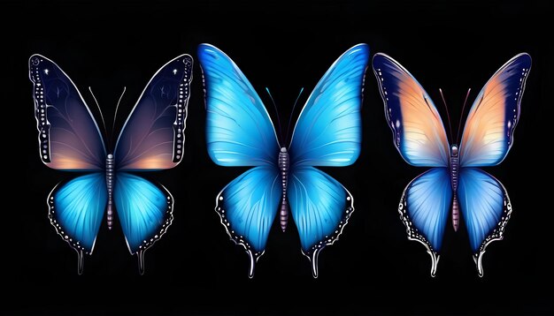 Photo set of blue tropical shiny butterflies isolated on white background