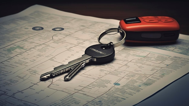 A photo of a set of car keys and a service manual