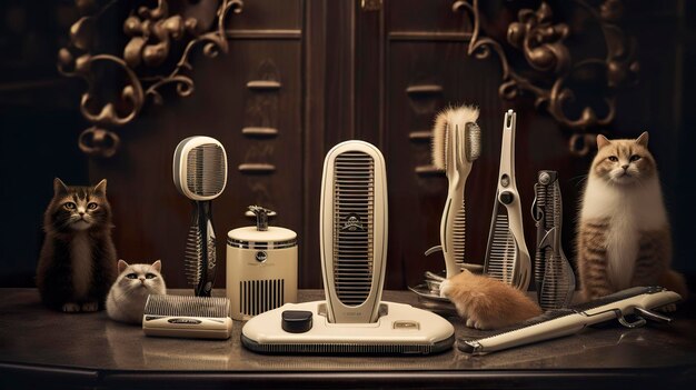 A photo of a set of cat grooming tools in a pristine environment