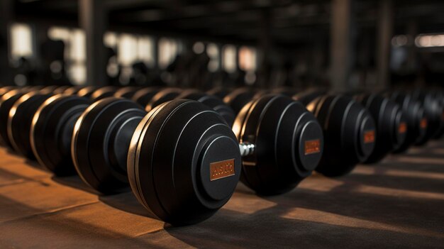 Photo a photo of a set of dumbbells arranged in a neat row