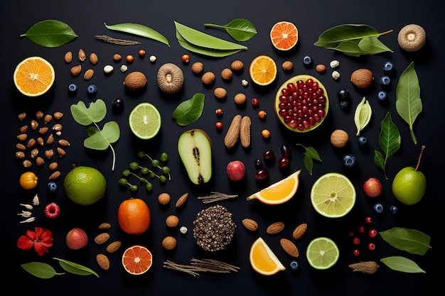 photo set of fruits seeds and leaves