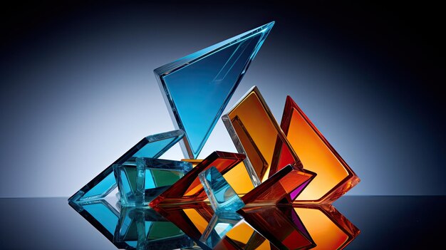 A photo of a set of glass tangram pieces on a reflective surface bright studio lighting