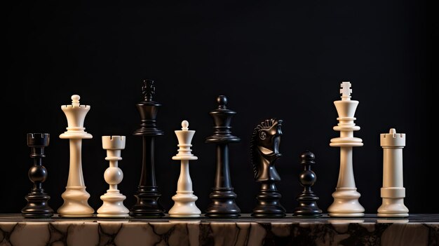 A photo of a set of perfectly aligned chess pieces marble tabletop backdrop