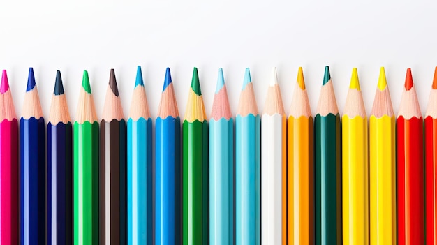 A photo of a set of perfectly aligned pencils white paper backdrop