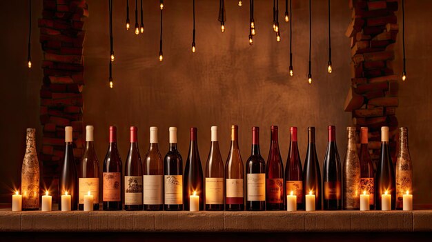 Photo a photo of a set of perfectly aligned wine bottles rustic cellar backdrop