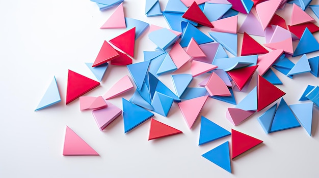 Photo a photo of a set of plastic tangram pieces scattered on a white table natural light